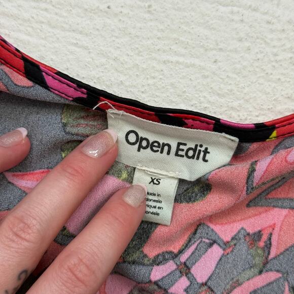 Open Edit Satin Floral Wrap Style Crop Top XS Long Sleeve Back Tie Elastic Waist - Picture 4 of 6